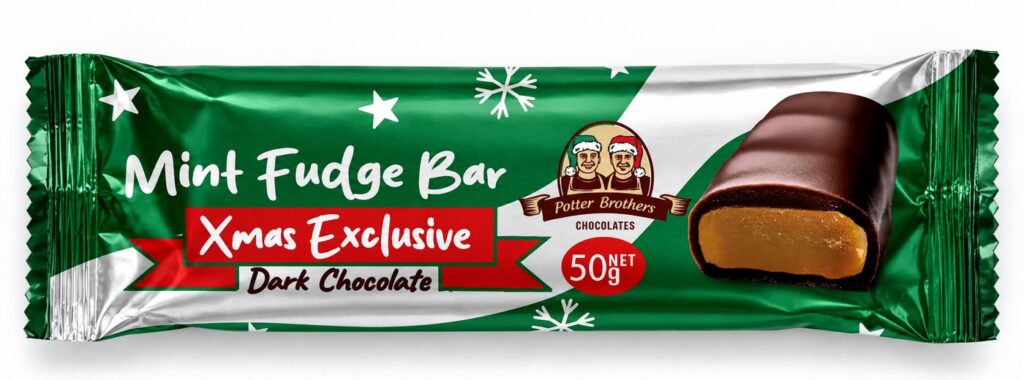 Potter Brothers Xmas Exclusive Mint Fudge Bar in dark chocolate, 50g